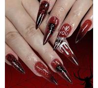 Halloween Red Almond Fake Nail, Wine Red Gradient False Nails with Spider,Goth Style Press on Nails,Nail Manicure Kit for Women Girls Party 24 PCS