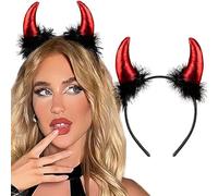 Halloween Red Devil Horns Headband - Sequin Costume Accessory with Black Fluffy Feathers - One Size for Women, Parties & Fancy Dress (Red Devil Horn)