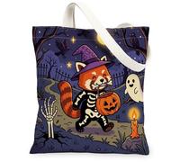 Halloween Red Panda Canvas Tote Bag for Shopping 13x15, Horror Animal Graveyard Reusable Grocery Print Pattern Bag for Women, Spooky Scary Aesthetic Painting Gift Decor