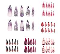Halloween Red Purple Pink Skull Relief Three-Dimensional Realistic Long Nail Art Role Play Easy to Wear Nail Art Girls Halloween Gift Set 24 Pieces Suitable for All Nail Sizes (C)