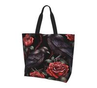 Halloween Red Rose Tote Bag Women's Shoulder Handbags Black Crow Shopping Bags Water-Resistant Large Handbag with Inner Pocket for Work Travel School