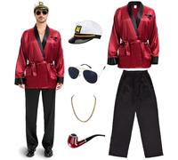 Halloween Red Silky Robe Jacket Costume Set Men's Captain Outfit with Hat Sunglasses Chain Funny Adult Party Cosplay (X-Large)