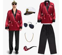 Halloween Red Silky Robe Jacket Costume Set Men's Captain Outfit with Hat Sunglasses Chain Funny Adult Party Cosplay (Small)