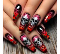Halloween Red Skeleton Floral Fake Nails Light Durability Artificial Nails for Parties Costume Event Party Red Halloween Press-on with Skull Flower Patterns