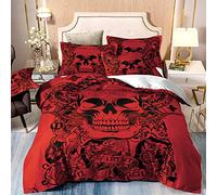 Halloween Red Skull Duvet Cover Gothic 3D Tattoo Printed Bedding Set 3Pcs Microfiber Quilt Cover with Zipper Closure Ties 2 Pillow Shame for Adults and Teens Double Size