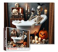 Halloween Relaxing Skeleton Bath Scene Jigsaw Puzzle 1000 Piece for Adults Students Gothic Skull Decor Candle Bones Bat Pumpkin Bathroom Art Puzzles 20x27 Inches Challenging Unique Gift