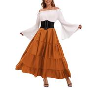 Halloween Renaissance Costume Women Long Bell Sleeve Renaissance Medieval Corset Gothic Witch Dress Halloween Pirate Costumes (A-Orange, S)