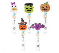 Halloween Retractable Badge Reel Set, 5 Piece Work Pass Holders with Clip-on Reels, Pumpkin Bat Character Designs for Staff Event Check-in Halloween Badge Reel Set Retractable Holder Work Pass Clip