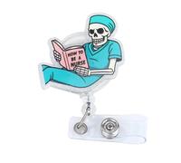 Halloween Retractable Skull Badge Reel for Man & Woman, Funny Skeleton Name Tag Card Holder with Alligator Clip for Nurse Medical Worker Nursing Student Teacher