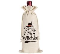 Halloween Reusable Burlap Drawstring Wine Bag, Drink Up Witches Party Decor