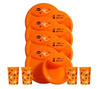 Halloween Reuseable 12 Piece Set, Kids Tableware Dinnerware Set for Halloween, Spooky Lightweight Material, 4 Plates, 4 Bowls & 4 Cups BPA Free Tiny to Tots