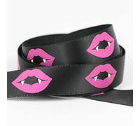 Halloween Ribbon, 16mm Wide Wired Edge Satin Ribbon, Pumpkin Ghost Skull Spider Ribbon for Spooky Gift Wrapping DIY Crafting Hair Bows Home Party DIY Decorations Supplies (Black Vampire Lips)