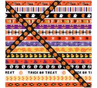 Halloween Ribbons, 16 Rolls, 16 Yards, 3/8" (10mm) Thin Grosgrain Ribbons for DIY Crafts and Decorations, Fright Night Fun Designs