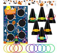 Halloween Ring Toss Game,6 Witch Hat Plastic Cones and 30 Colorful Rings Hall oween Carnival Party Game Witch Hats DIY Game Halloween Party Favors Indoor Outdoor Ring Toss Game