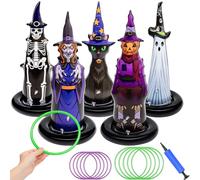 Halloween Ring Toss Game Set, 16pcs Inflatable Witch Hat Toss Games Inflatable Rings with Air Pump for Kid Family School Party Favor Outdoor Indoor Halloween Toss Game Toys Gifts