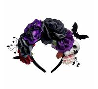 Halloween Rose Skull Headband, Day of the Dead Floral Crown Tiara Headdress, Gothic Skull Rose Headhoops with Bat snd Spider for Fancy Dress Costumes Carnival Theme Party Cosplay (04)