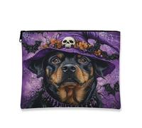 Halloween Rottweilers Dog Makeup Bag 7x9 Inch for Travel Purse, Fun Gothic Witch Bat Pattern Cosmetic Pouch for Women, Witchy Portable Canvas Zipper Organizer