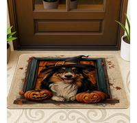 Halloween Rough Collie Dog Front Black Door Mat Outside Inside Entrance 29 * 17, Cute Funny Window Outdoor Indoor Washable Doormat, Small Pet Shoes Off Doormat for Patio Interior Garage