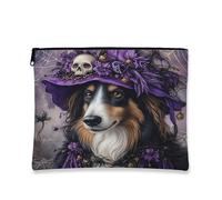 Halloween Rough Collie Dog Makeup Bag 7x9 Inch for Travel Purse, Fun Gothic Witch Bat Pattern Cosmetic Pouch for Women, Witchy Portable Canvas Zipper Organizer