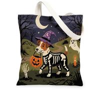 Halloween Russell Terrier Dog Canvas Tote Bag for Shopping 13x15, Horror Puppy Graveyard Reusable Grocery Print Pattern Bag for Women, Spooky Scary Aesthetic Painting Gift Decor