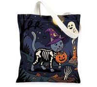 Halloween Russian Blue Cat Canvas Tote Bag for Shopping 13x15, Horror Kitten Graveyard Reusable Grocery Print Pattern Bag for Women, Spooky Scary Aesthetic Painting Gift Decor