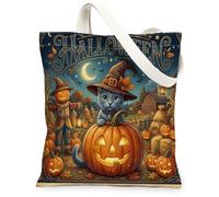 Halloween Russian Blue Cats Canvas Tote Bag for Shopping 13 * 15, Holiday Farm Reusable Grocery Shoulder Bag for Women, Pumpkins Painting Gift Decor