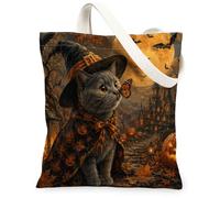 Halloween Russian Blue Cats Canvas Tote Bag for Shopping 13 * 15, Spooky Butterflies Reusable Grocery Shoulder Bag for Women, Fun Painting Gift Decor