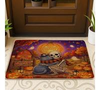 Halloween Russian Blue Cats Front Black Door Mat Outside Inside Entrance 29 * 17, Fall Fun Skeleton Outdoor Indoor Ultra Thin Doormat, Small Farm Classroom Patio Home Shoes Off Rug