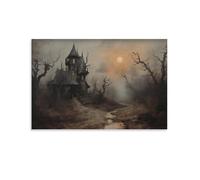 Halloween Rustic Farmhouse Haunting Manor At Sunset Wall Art Paintings Canvas Prints Poster Artwork for Living Room Bedroom Bathroom Office Home Decor 12x18inch(30x45cm)