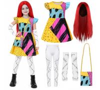 Halloween Sally Costume Kids,5PCS Sally Dress Christmas Outfits Sally Skellington Short Sleeve Dress Fancy Dress Cosplay with Red Wig Bag Sleeves Tights for Girls Age 4-11 Years (120cm/6-7 Years)