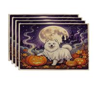 Halloween Samoyed Dog Placemats Set of 4, 12x18 Inch, Holiday Haunted Houses 4Pcs Seasonal Table Mats for Dinning, Fall Holiday Home Kitchen Decor