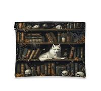 Halloween Samoyeds Dog Makeup Bag 7x9 Inch for Travel Pouch, Scary Skull Bookshelf Print Cosmetic Pouch for Women, Creepy Portable Canvas Zipper Organizer