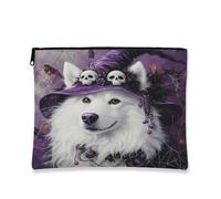 Halloween Samoyeds Dog Makeup Bag 7x9 Inch for Travel Purse, Fun Gothic Witch Bat Pattern Cosmetic Pouch for Women, Witchy Portable Canvas Zipper Organizer