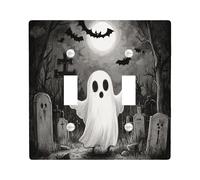 Halloween Scary Cemetery Decorative Light Switch Cover Wall Plate 2 Gang Double Toggle, Gray Ghost Graveyard Bat Electrical Faceplate for Room, Creepy Switchcover Switchplate