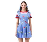 Halloween Scary Chucky Doll Costume for Women Cute Rainbow Top Matching Suspender Mini A Line Dress for Carnival Cosplay Party (A-Blue, M)