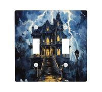 Halloween Scary Haunted House Decorative Light Switch Cover Plate 2 Gang Double Toggle, Horror Castle Ghost Scenic Electrical Faceplate for Room, Spooky Creepy Switchcover Switchplate