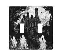 Halloween Scary Haunted House Decorative Light Switch Cover Plate 2 Gang Double Toggle, Vintage Horror Castle Ghost Electrical Faceplate for Room, Creepy Switchcover Switchplate