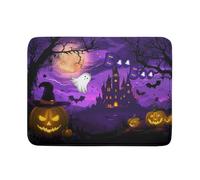 Halloween Scary Night Pumpkin Lanterns Dish Drying Mat for Kitchen Counter,Ghost Bat Castle Purple Drying Mat 18 x 24 Inch with Absorbent Reversible Microfiber Drying Pad for Coffee Bar
