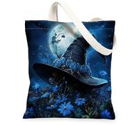 Halloween Scary Witch Hat Canvas Tote Bag for Shopping 13x15, Fun Magic Witchy Hat Reusable Grocery Print Bag for Women, Goth Creepy Aesthetic Painting Gift Decor