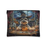 Halloween Schnauzer Dog Makeup Bag 7x9 Inch for Travel Pouch, Fun Scary Witch Bat Print Cosmetic Pouch for Women, Witchy Tarot Portable Canvas Zipper Organizer