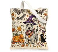 Halloween Scottish Terrier Dog Canvas Tote Bag for Shopping 13 * 15, Cute Holiday Bats Reusable Grocery Shoulder Cloth Bag for Women, Ghosts Painting Gift Decoration