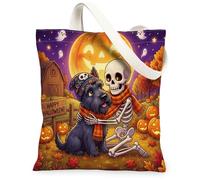 Halloween Scottish Terrier Dog Canvas Tote Bag for Shopping 13 * 15, Fall Fun Skeleton Reusable Grocery Shoulder Bag for Women, Farm Painting Gift Decor