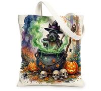 Halloween Scottish Terrier Dog Canvas Tote Bag for Shopping 13 * 15, Holiday Witch Reusable Grocery Bag for Women, Witchy Work Travel Painting Gift Decor
