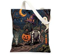 Halloween Scottish Terrier Dog Canvas Tote Bag for Shopping 13x15, Horror Puppy Graveyard Reusable Grocery Print Pattern Bag for Women, Spooky Scary Aesthetic Painting Gift Decor