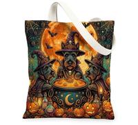 Halloween Scottish Terrier Dog Canvas Tote Bag for Shopping 13x15, Vintage Puppy Witch Cauldron Reusable Grocery Print Pattern Bag for Women, Scary Beach Aesthetic Painting Gift Decor