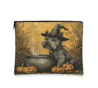Halloween Scottish Terrier Dog Makeup Bag 7''x9'' for Travel Pouch, Fun Scary Witch Bat Toiletry Cosmetic Pouch for Women Gift, Witchy Tarot Portable Canvas Zipper Organizer