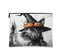 Halloween Scottish Terrier Dog Makeup Bag 7''x9'' for Travel Pouch, Fun Vintage Witch Print Cosmetic Pouch for Women Gift, Haunted Houses Portable Canvas Zipper Organizer
