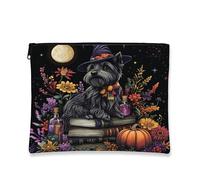 Halloween Scottish Terrier Dog Makeup Bag 7''x9'' for Travel Purse, Fun Witch Potion Book Cosmetic Pouch for Women Gift, Witchy Portable Canvas Zipper Organizer Toiletry Pouch