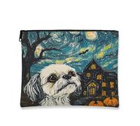 Halloween Scottish Terrier Dog Makeup Bag 7x9 Inch for Travel Pouch, Fun Horror Pumpkin Toiletry Cosmetic Pouch for Women, Haunted Houses Portable Canvas Zipper Organizer