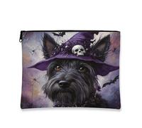 Halloween Scottish Terrier Dog Makeup Bag 7x9 Inch for Travel Purse, Fun Gothic Witch Bat Pattern Cosmetic Pouch for Women, Witchy Portable Canvas Zipper Organizer
